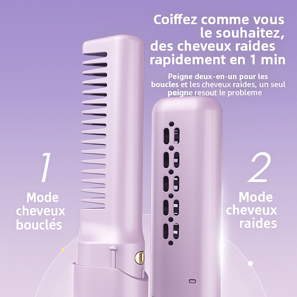 Peigne Lisseur Sans Fil Rechargeable USB 2 en 1